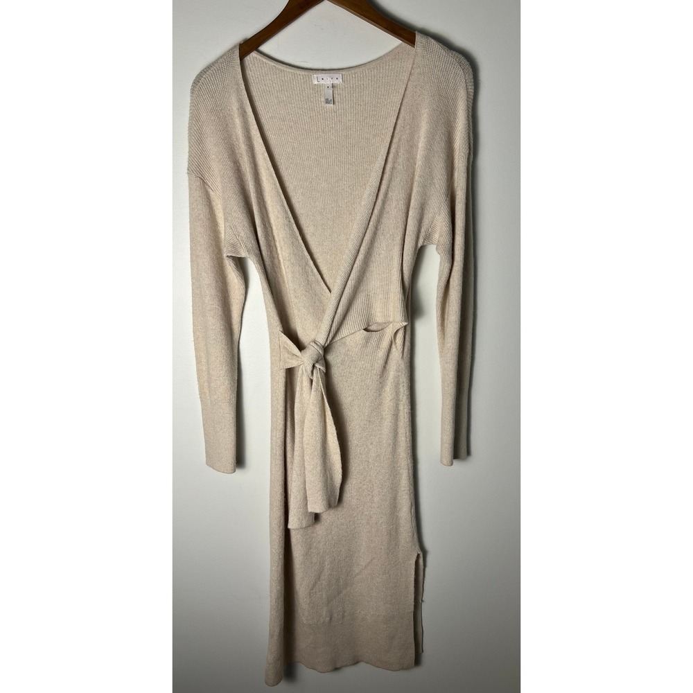 Leith Ribbed Knit Midi Dress M Beige Wrap Cozy Minimalist Quiet Luxury Comfort